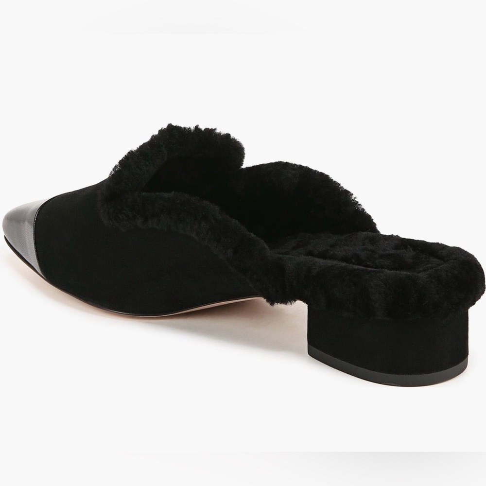 Veronica Beard Black Shearling-Trim Leather Cap-Toe Mules - Picture 2 of 15
